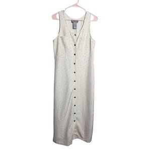 Vintage 90s Directives Celestial Star Print Midi Dress Ivory Button Front Small